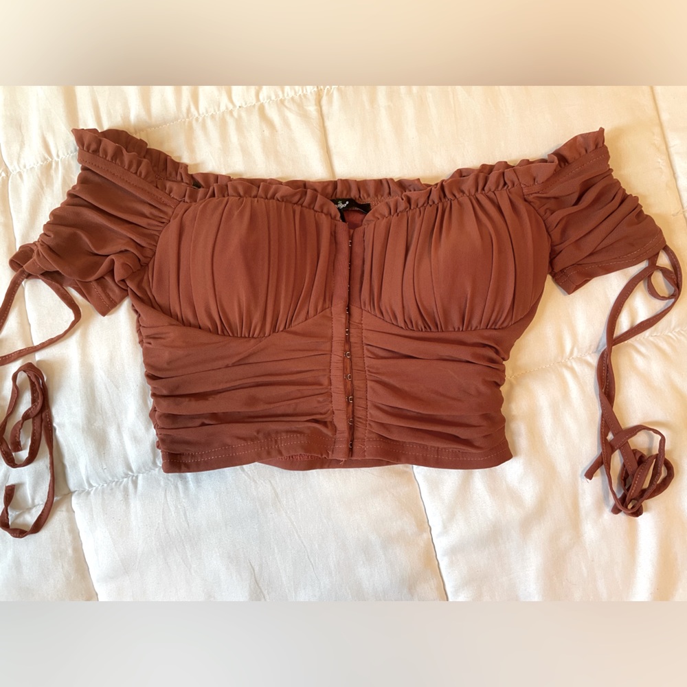 Y2K vintage papaya fall color front open crop ruched with sleeve pull string